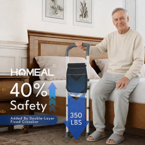 Image of HOMEAL Bed Rails for Elderly Adults Safety - Adjustable Bed Assist Rails for Seniors, Adult Bed Guard Rail with Non-Slip Ergonomic Handle,Storage Pocket & Fixing Strap, 350 Tested (Black, Long)