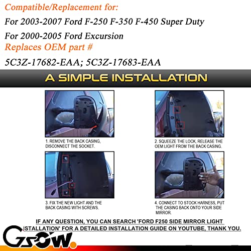 Gsowo 2 Pcs Led Side Mirror Marker Lights For Ford 2003-2007 F250 F350 F450 F550 Super Duty / 2000-2005 Excursion, Led Sequential Side Mirror Turn Signal Lamp Assembly - Switchback Led #TOP4