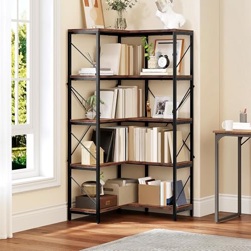 YITAHOME Corner Bookshelf, Industrial Corner Shelf 5 Tier Bookcase, Large Display Rack Storage for Bedroom, Living Room, Home Office,Rustic Brown Rustic Brown 31.5"D x 31.5"W x 65.9"H