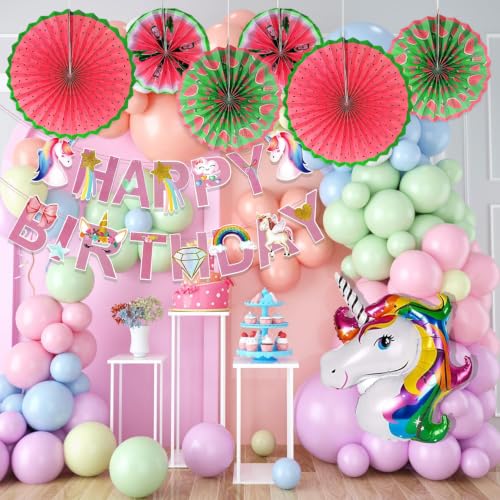 Image of Rozi Decoration Unicorn Theme Birthday Decoration Kit | 60 Pcs Set with Unicorn Balloon, Pastel Balloons, Paper Fans, Happy Birthday Banner (Paper Cardstock), Glue Dots & Arch Roll