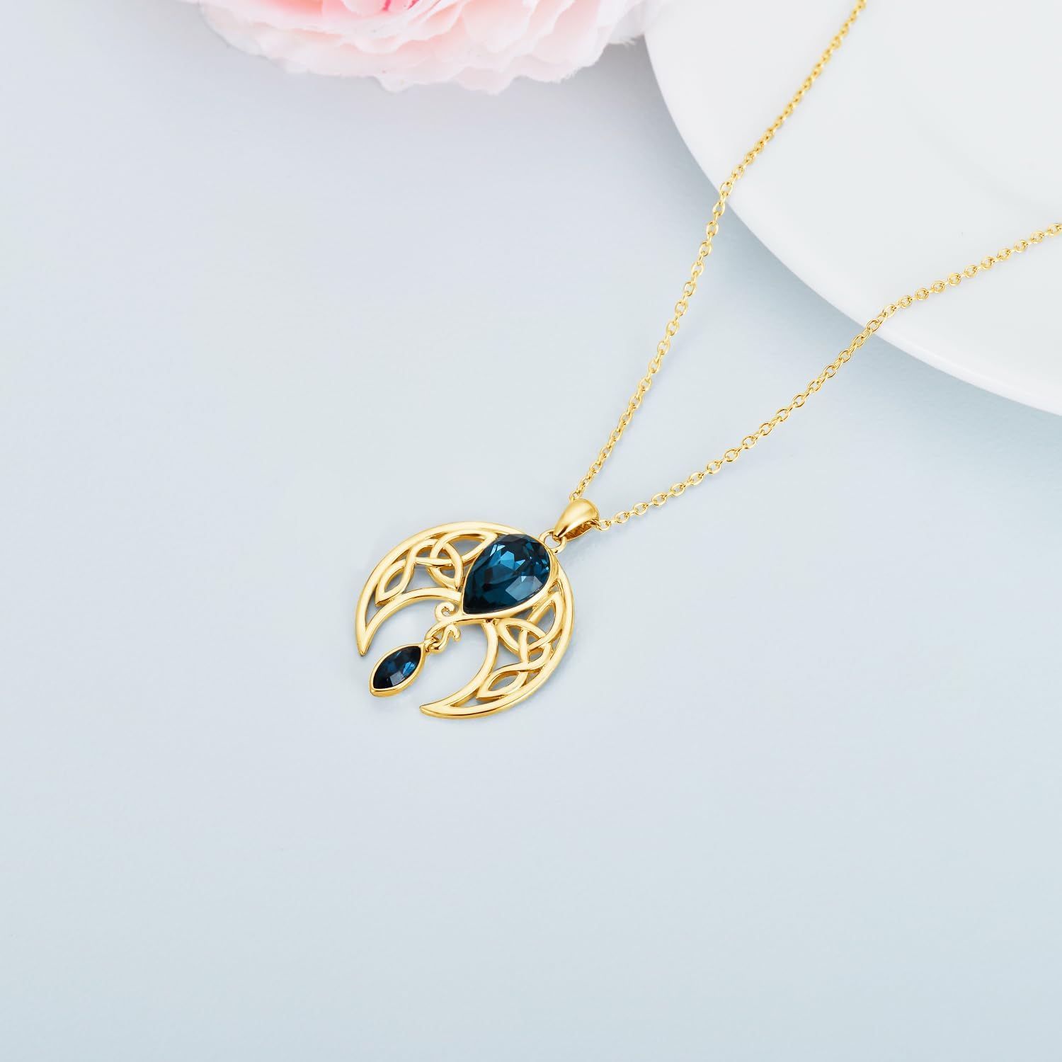 AOBOCO Sterling Silver Celtic Crescent Moon Goddess Pendant Irish Good Luck Necklace with Birthstone Crystal, Celtic Moon Jewelry Gift for Women Mom Wife