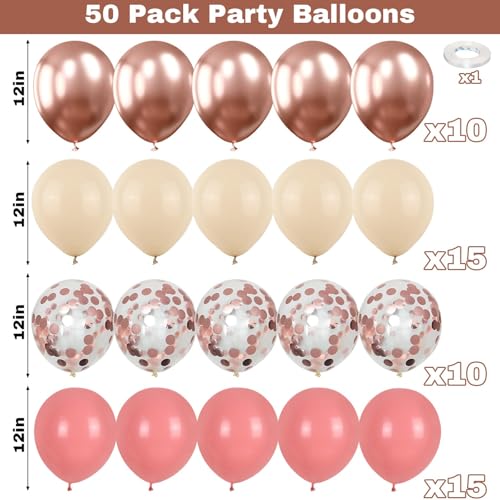 Image of Jobkoo Dusty Blush Pink Balloons, Retro Pink Metallic Chrome Rose Gold Confetti White Sand Nude Balloon Dusty Rose Apricot Beige Party Balloons for Birthday Boho Mothers Day Baby Shower Decorations