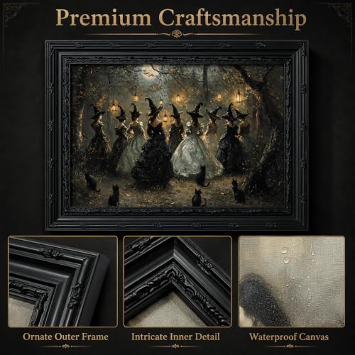 Black Framed Wall Art Gothic Witch with Black Cat Canvas Print Dark Academia Halloween Decor Picture Moody Fantasy Witch Dancing Artwork for Living Room Bedroom 9x11 inch - image 5
