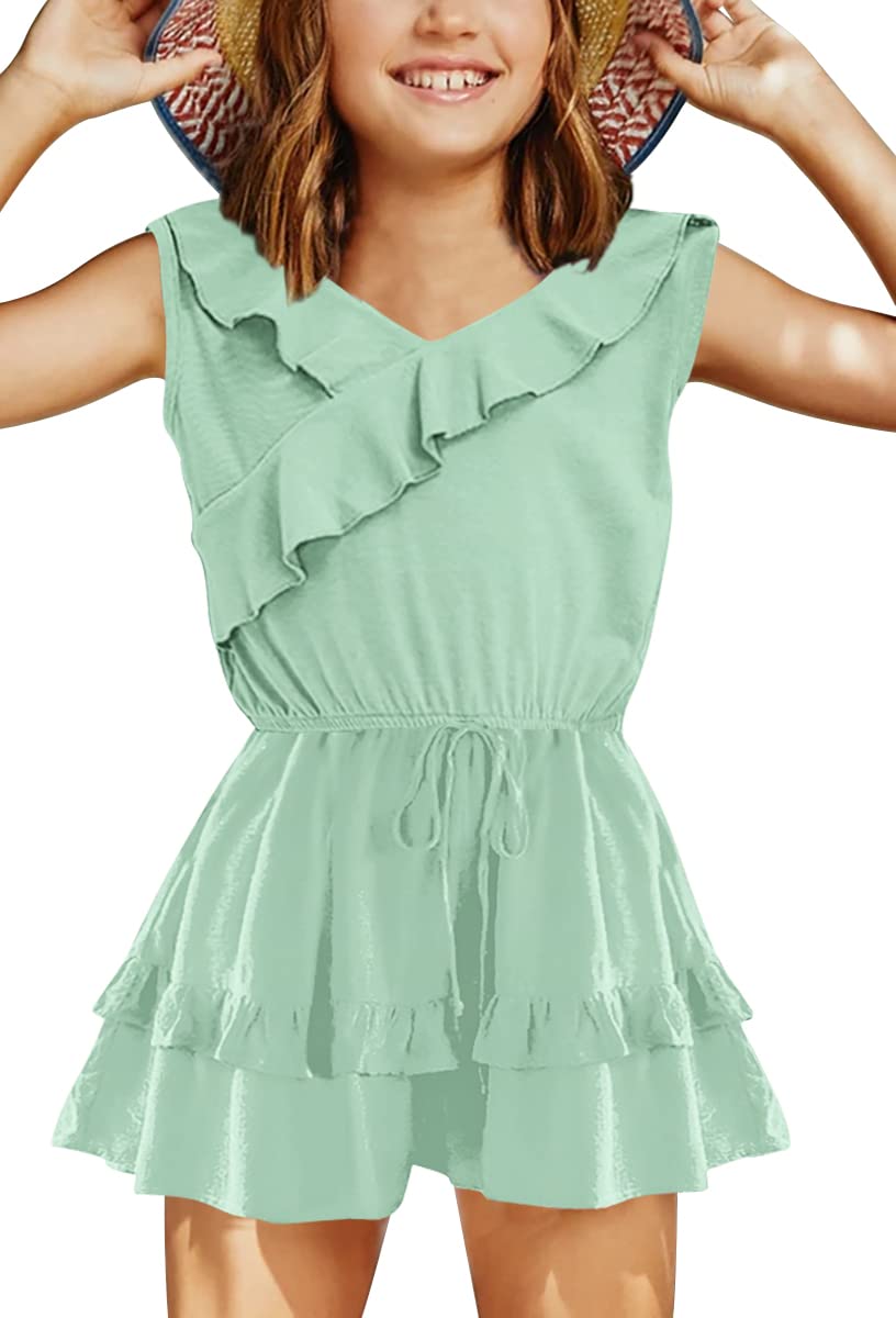 Haloumoning Tuta da bambina con orlo a volant, vestibilità larga, senza maniche, per bambini, estiva, casual, con tasche