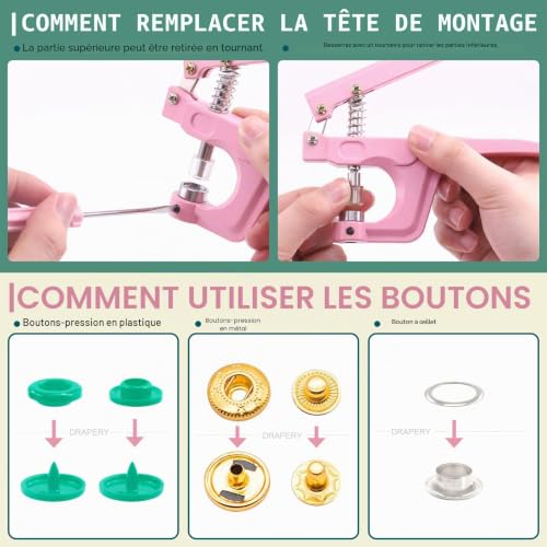 Keadic Lot de 360 boutons pression en plastique T5 et 48 ensembles de boutons pression en métal et cuir avec pince à coudre rose pour projets de bricolage, couture et bricolage – vue 4