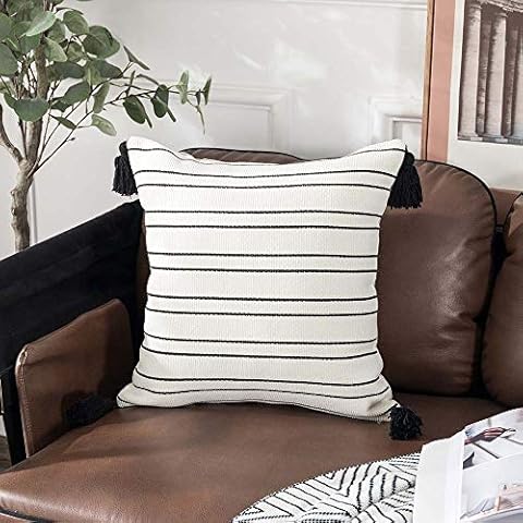 Sungea Farmhouse Black and White Striped Pillow Cover, 18 x 18 Decorative Square Throw Pillow Case Tassels Accent Cushion Cover Neutral Collection for Sofa Couch Living Room Bedroom Decor Cover