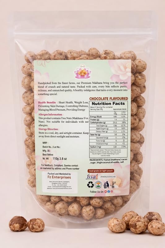 Image of PHOOL SWAAD Chocolate Roasted Makhana (110GM) - Sweet Crispy Fox Nuts | Dark Chocolate Infused Gourmet Lotus Seeds | Healthy Diet Dessert Snack, High Protein, Plant-Based