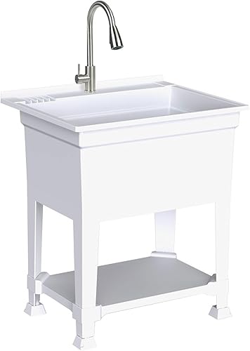 Miniatura 6 de UTILITYSINKS - Fregadero independiente de plástico de 30 pulgadas con grifo de acero inoxidable resistente para garaje, lavandería y jardín, color