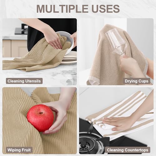 Image of Homaxy Premium Kitchen Towels(18 inchx 28 inch, 9 Pack), Large Cotton 380 GSM Kitchen Hand Towels, Soft and Absorbent Terry Dish Towels, Multipurpose Tea Towel Set with Hanging Loop, Khaki
