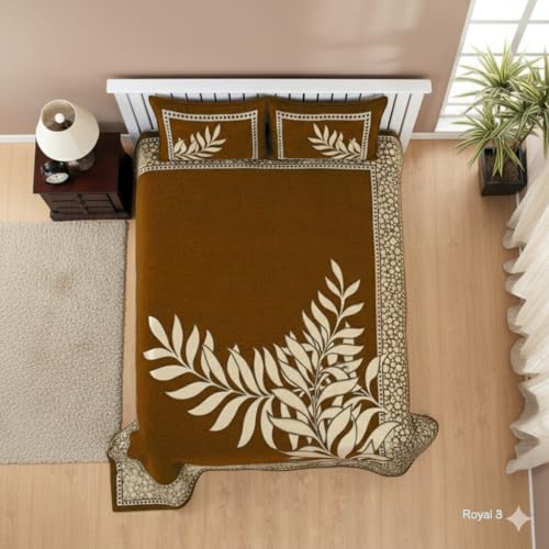 Image of Fresh from Loom Chenille 500 TC Double Bedsheet, Leaf Print Design with 2 Pillow Covers, Bedsheet Set for Bedroom Styling, Soft Touch Breathable Bedding, EAS 90x100 Inches | Leaf Camel | Chenille