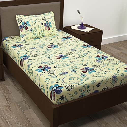 Image of Story@Home 210 TC Spark Collection Single Bedsheet Cotton Combo with 1 Pillow Covers | Cream Yellow & Green | Floral (Bedsheet : 145 X 225 cm & Pillow Cover : 40 X 60 cm)