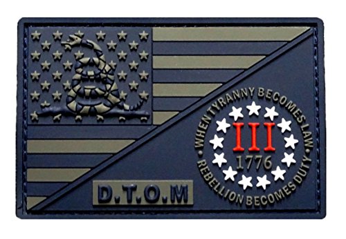 D.T.O.M USA Flag Three 3% Percenter Gadsden Patch (“Velcro Brand” Fastener - 3D-PVC Rubber-MTD1)