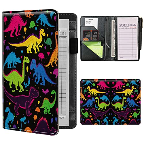 Server Books for Waitress Waiter with Zipper Pocket, Dinosaurs Colorful Leather Server Pads Waitstaff Organizer Guest Check Presenters Server Wallet Money Holder Pouch Fit Apron