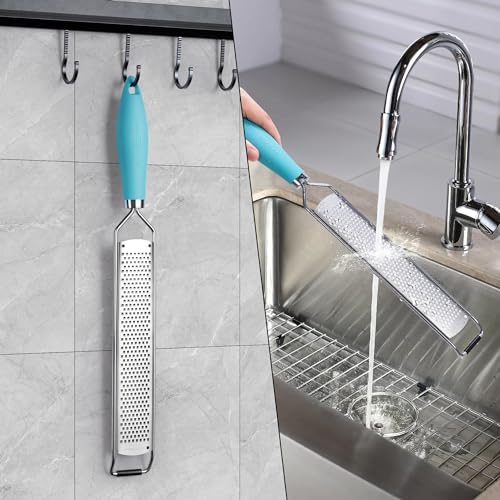 Image of Rainspire Zester Grater with Handle, Lemon Zester Cheese Grater for Kitchen Stainless Steel, Parmesan Cheese Garlic Nutmeg Chocolate Fruits Vegetables Ginger Grater, Fine, Blue