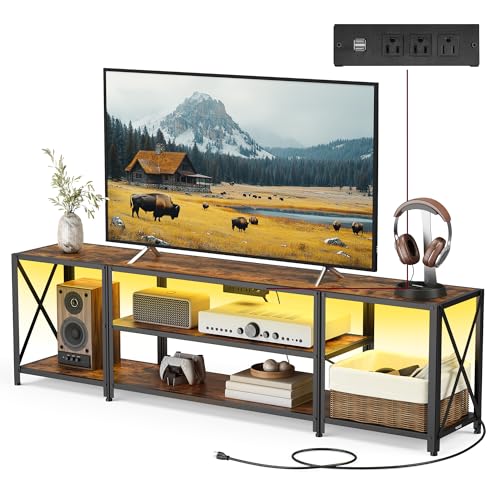 VASAGLE TV Stand with Power Outlets and LED Lights, for TVs up to 75 Inches, Entertainment Center with Open Storage Shelves, Console Table for Living Room, Rustic Brown and Ink Black ULTV122K01