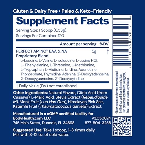 Image of BodyHealth PerfectAmino Powder - BCAA and EAA Powder for Pre and Post Workout - Amino Acid Energy Drink for Men and Women to Support Lean Muscle and Recovery - Strawberry - 120 Servings