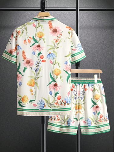 Men's Floral Short Sleeve Button Down Vacation Shirts and Drawstring Beach Shorts Sets2