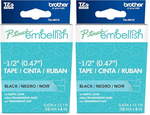 Image of Brother P-Touch Embellish Black Print on Matte Clear Tape TZEM31S - Patterned Tape, 2 Pack of 12mm x 4m, for P-Touch Embellish Printer