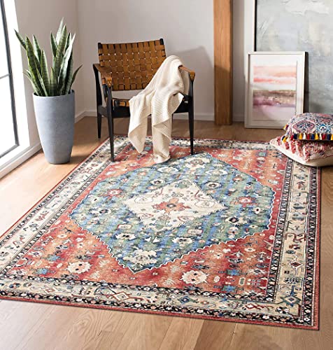 Vivorug Washable Rug, Ultra Soft Area Rug 5X7, Non Slip Boho Rug Foldable, Stain Resistant Rugs For Living Room, Persian Tribal Medallion (Teal/Rust, 5'X7') #TOP7
