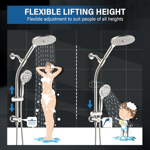 Regadera dual giratoria de 7,5 pulgadas con cabezal de mano, combinación para niños con diverter de 3 vías, barra deslizante ajustable para toda la familia, disfruta de una ducha tipo spa con lluvia de alta presión, acabado niquel cepillado miniatura 4