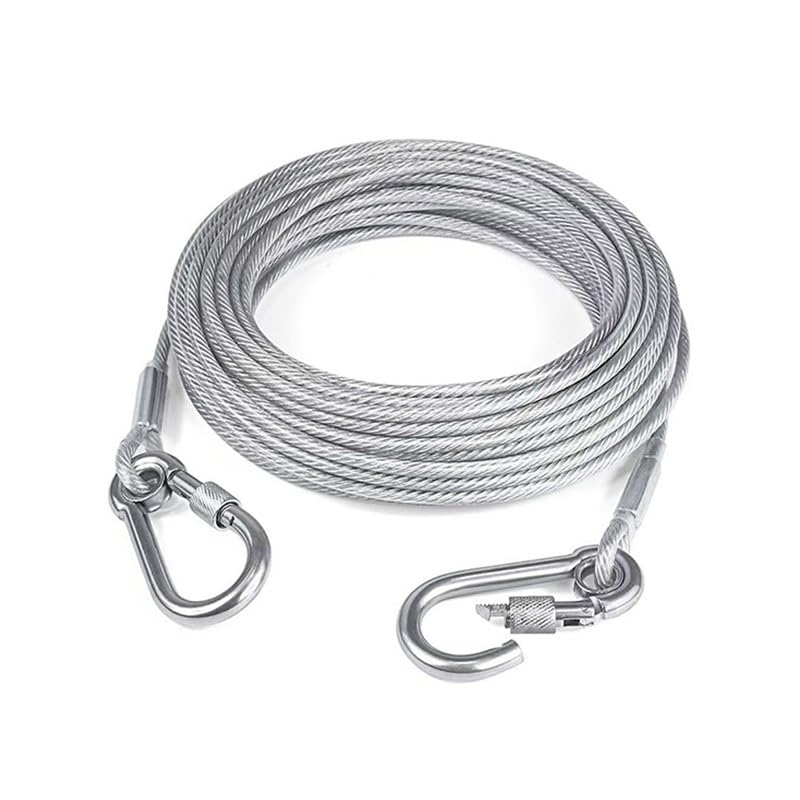 YIGOOWN House Lead for Dogs Stainless Steel PVC Tie Out Lead 10 m Dog Lead with Rotating Hook 3 mm Thick Robust Yard Lead for Large Dogs Camping, Garden, Picnic, Beach, Park, Outdoor (Silver)