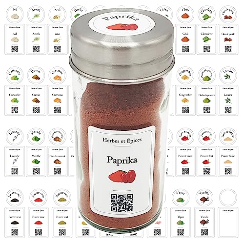 90 Etiquette Epices Francais, avec illustrations, élégantes, matériau imperméable et lavable, QR Code pour des recettes, étiquette epices cuisine...