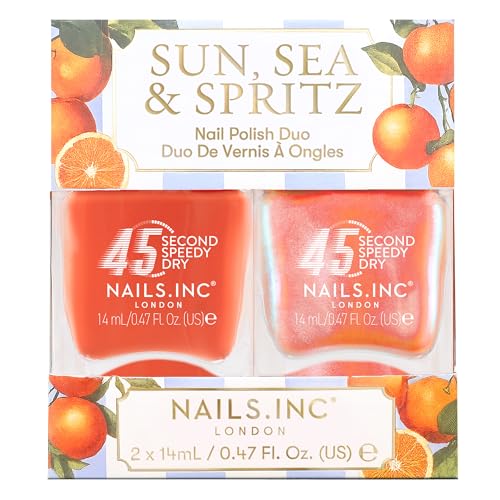 Nails Inc 45 Second Speedy Gloss Sun Sea & Spritz Nail Polish Duo Quick Drying Fast & Rapid Dry High Shine Glitter & Neon Air Dry Regular Polish Spring/Summer Shades 2 Piece Set