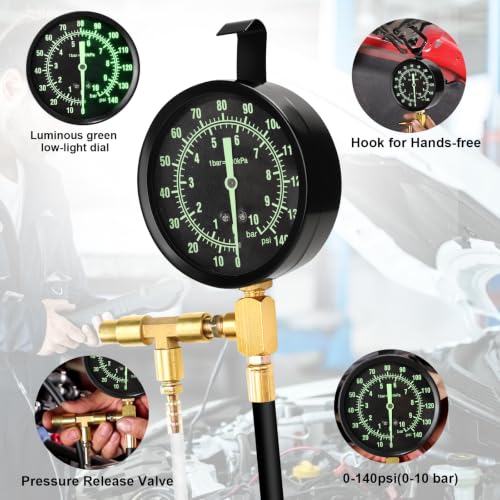 Image of BETOOLL Pro Fuel Injection Pressure Tester Kit 0-140 PSI Fluorescent Gauge