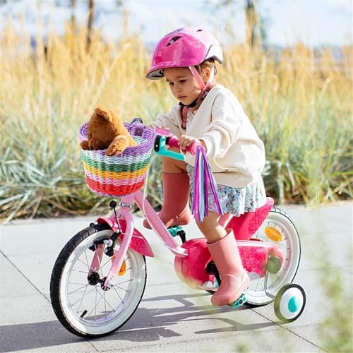 Ailovone Fahrradkorb für Kinder Fahrradkorb Geflochten Kinder Vorne Kinderfahrradkorb Vorne Geflochten aus Kunststoff mit Lederriemen Abnehmbar Korb Fahrrad Zubehör für Junge und Mädchen (Bunt)