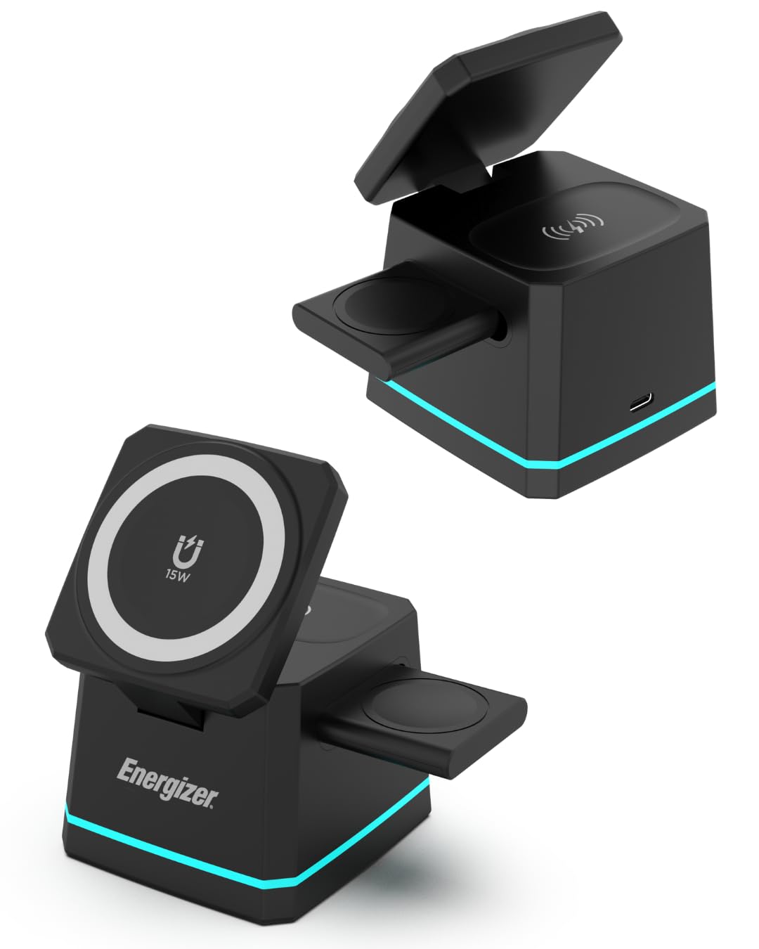 Energizer WCP307 3-1 Cargador de escritorio inalámbrico de 15 W | Carga rápida para smartphone, auriculares y Apple Watch, compatible con MagSafe, soporte plegable con soporte ajustable, USB-C, seguro