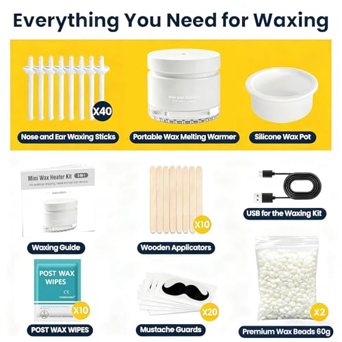 Image of Nose Wax Kit, 120g Nose Hair Wax Kit for Men & Women, Painless Nose Hair Removal with USB Fast Heat, Smart Constant Temp, 40 Applicators, Wooden Sticks, After-Wax Wipes and Moustache Guards (White)
