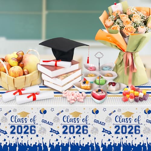 Image of Graduation Decorations Class of 2026 Tablecloth - 3 Pcs Plastic Congrats Grad Table Cloth, Graduation Table Cover for Graduations Party Decorations 2026 and Party Supplies, 54 inchx108 inch (Blue and Gold)