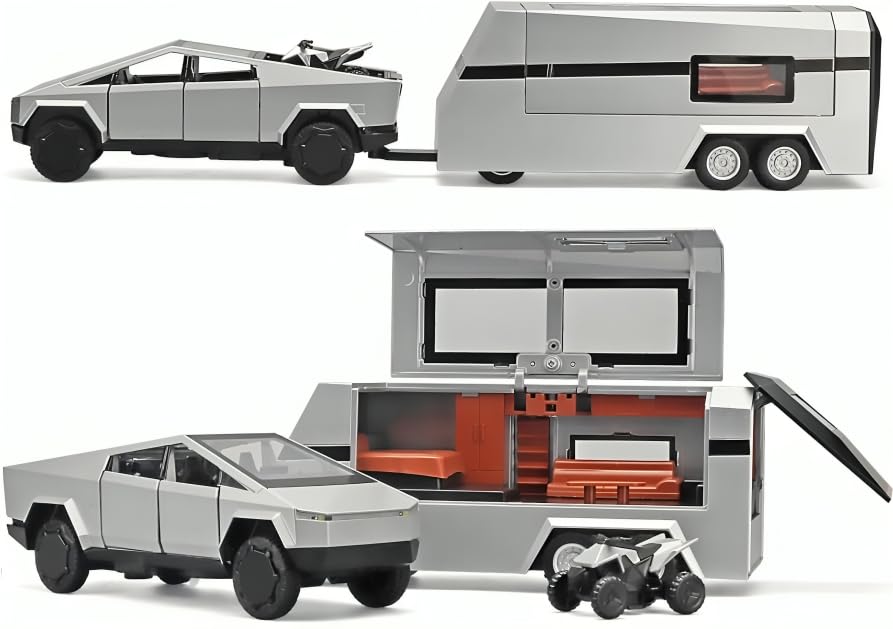 Image of Sky Tech Tesla Cyber Truck Pickup Trailer RV with Motorcycle 1:32 Model Car Alloy Metal Pull Back Die-cast Car Metal Toy car Openable Doors & Light Music Best Gifts Toys Kids【Colors as Per Stock】
