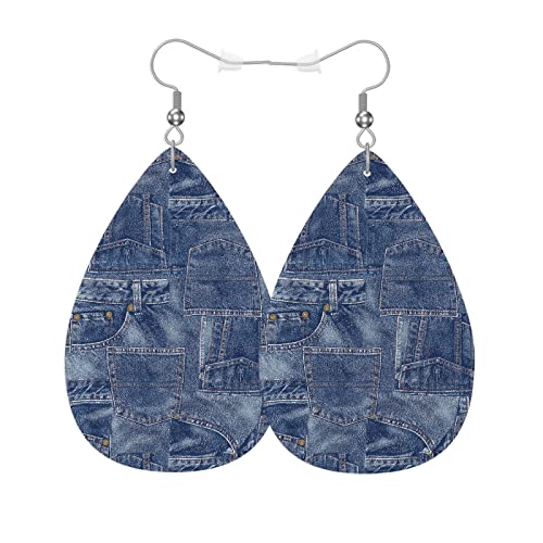 Denim Leather Teardrop Earrings Vintage Denim Stitching Fold Art Faux Leather Water Drop Earrings Jewelry For Women Friends Wedding