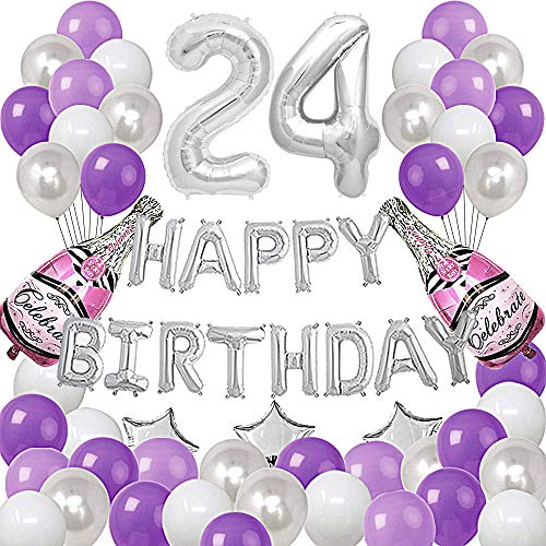 Silver Number 24 Foil Balloons Happy Birthday Banner with 47Pcs Latex and Foil