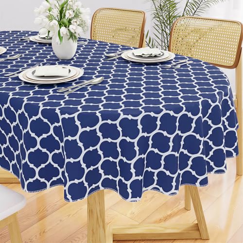 Image of Smiry Oval Table Cloth, Flannel Backed Vinyl Tablecloth, 60 inchx102 inch | Waterproof Plastic Tablecloths, Wipeable Table Cover for Dining, Indoor and Outdoor (Navy)