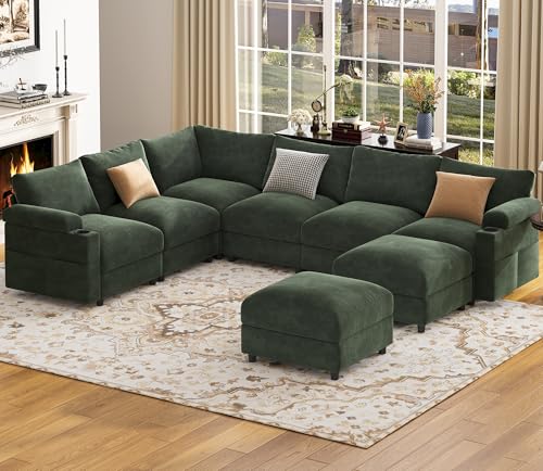 Image of Sectional Couches for Living Room FSC Certified Chenille Modular Couch Oversized Cloud U Shaped Convertible Sleeper Sofa Chaise Detachable Armrest Cushion (Chenille Green, U Shaped 8 Seat)