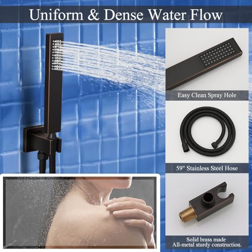 Juego de grifería para ducha en bronce cepillado, sistema de ducha con válvula de derivación tipo perilla, ducha de mano de alta presión, cabezal de ducha de techo cuadrado de 10 pulgadas y cabezal de ducha de pared de 6 pulgadas miniatura 6