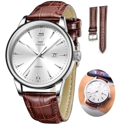 OLEVS Man Watch Classy Fashion Brown Leather Dress Watches for Men Roman Numerals White Dial Waterproof Quartz Male Watch