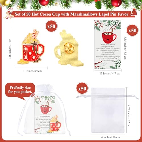 Image of 50 Sets Christmas Gift Hot Cocoa Cup Lapel Pin with Marshmallows Ornament Jewelry Charm Pins for Women Xmas Hot Cocoa Party Supplies Brooch Favor Merry Christmas Card Organza Bag Thank You Gift