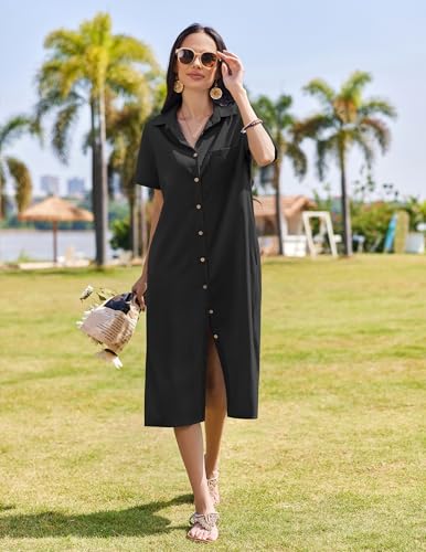 HOTOUCH Womens Summer Dress Casual Midi Short Sleeve Shirt Button Down Loose Beach Dress with Pockets4