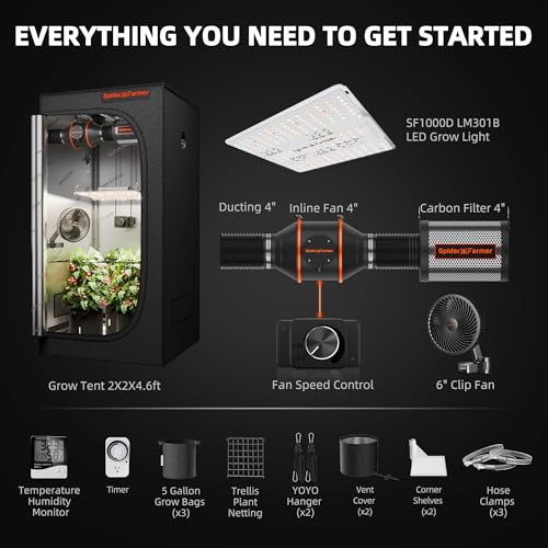 Spider Farmer Grow Tent Kit 2x2x5ft Complete System, SF1000D Samsung Diodes Full Spectrum LED Grow Light 24"X24"X55" Indoor 1680D Mylar Tent with 4" Ventilation System & 6'' Clip Fan