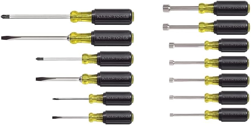 Klein Tools 85074 Screwdriver Set 6-Piece Includes 3 All-Purpose Flathead, 3 Phillips, Made in USA & 631 Tool Set, Made in USA, Nut Driver Set w/Hex Nut Sizes 3/16, 1/4, 5/16, 11/32, 3/8