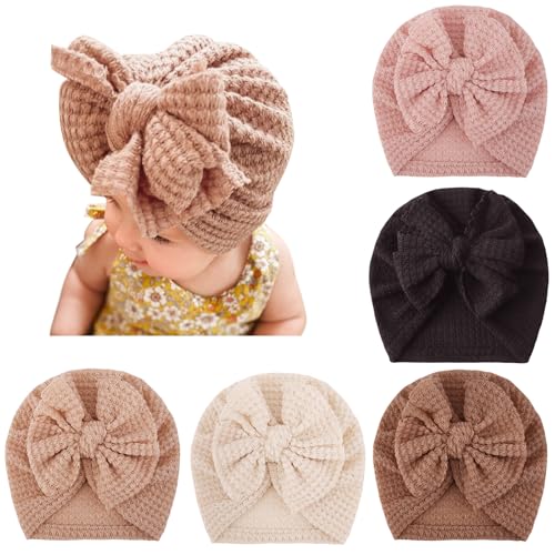 Image of DRESHOW BQUBO 5 Pieces Newborn Baby Turban Hats Bow Baby Infant Beanie Breathable Toddler Cap for Baby Girls
