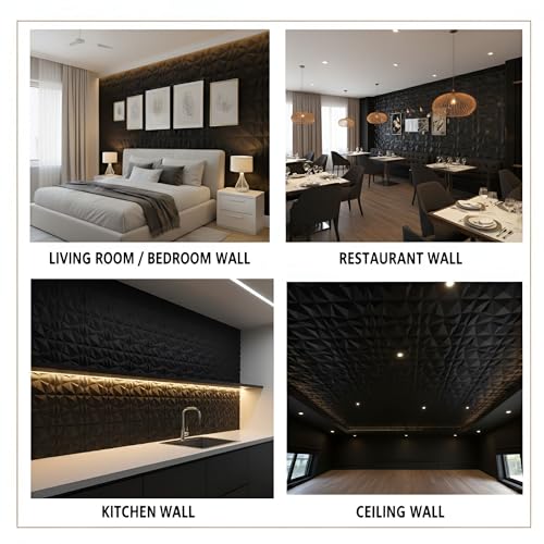 Image of Kayra Decor 3D Wall Panel PVC Diamond Design, Black Color (19.7 X 19.7, (Pack of 12) Covers 32.28 Sq. Ft.