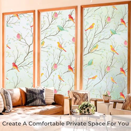Image of WOO Home Frosted Glass Window Film & Stickers (24 X 120 INCH) Privacy Window Cover for Home & Office - Easy Apply, UV Protection, Removable Decorative Film (Multi Colour Bird Film | 2 X 10 SQFT)