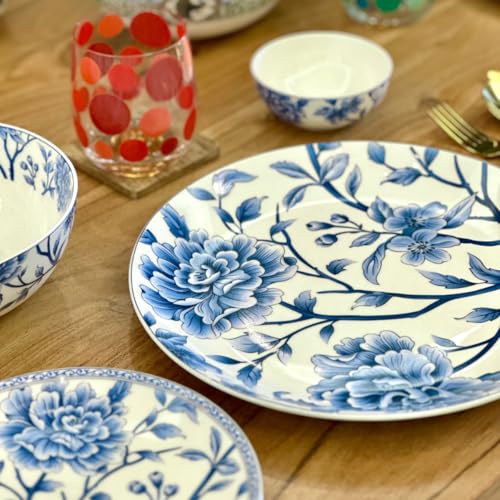 Image of GOLDEN QUEEN'S Handcrafted Dinner Plates: Set of 2 | Perfect for Hosting and Daily Meals | Microwave Safe Plates | 10.5 inch | Serves 2 - Sapphire Bloom Dinner Plates