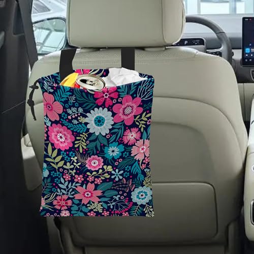 Image of Car Trash Bag Hanging Tropical Flower Trash Can Waterproof Garbage Bag Hanging for Car Back Seat with Adjustable Straps and Drawstring for Car Accessories Vehicle Travelling