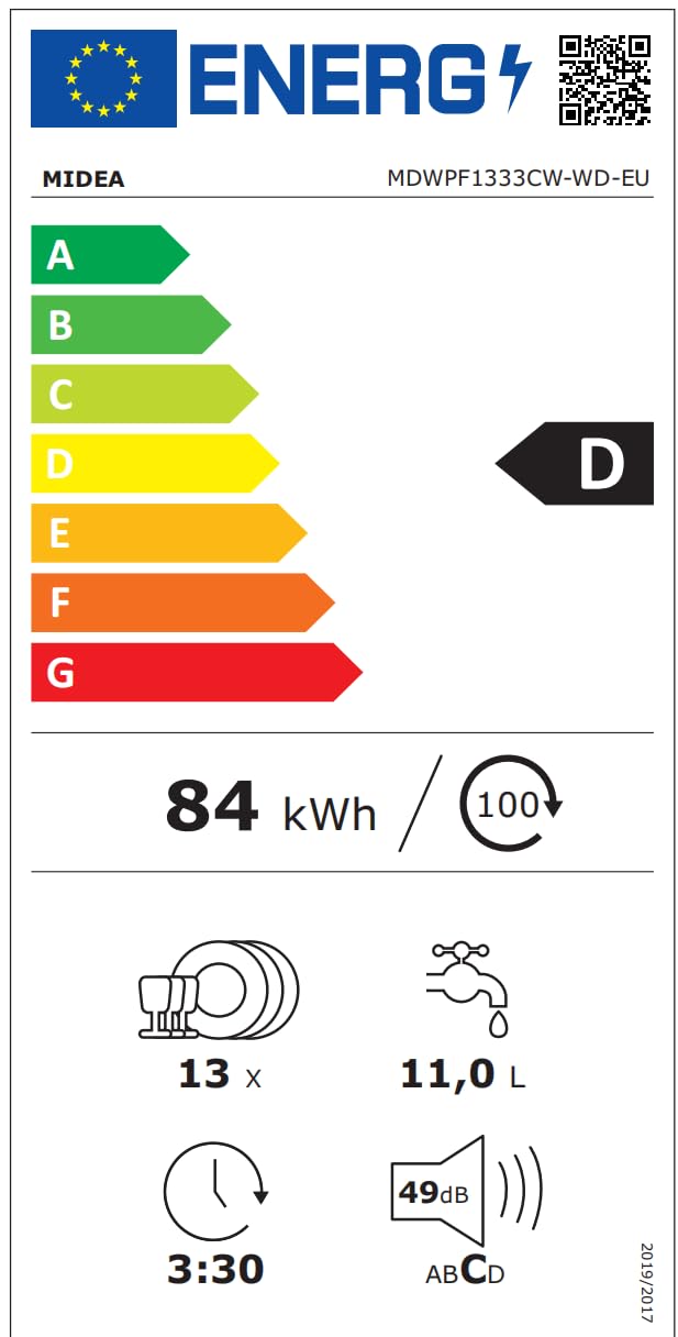 Midea MDWPF1333CW-WD-EU Lavastoviglie Libera Installazione con 13 coperti, 8 Programmi, Partenza Ritardata, Funzione di Mezzo Carico, Asciugatura Extra - Bianco