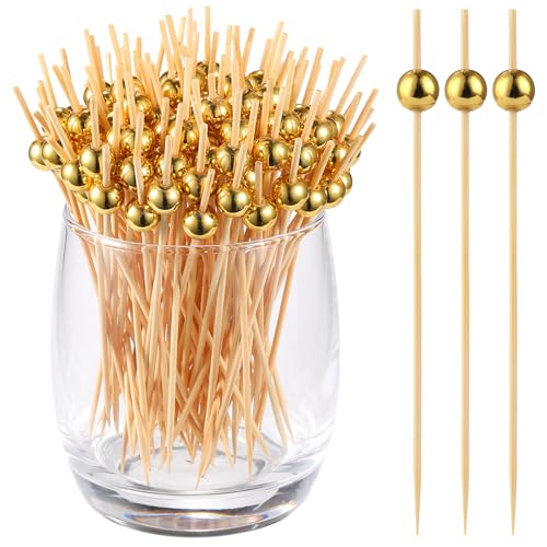 200 Pcs Cocktail Picks, Gold Plastic Ball Decor Skewer for Appetizers, Fruit, Kebabs, Mini Burger, Bamboo Skewers for Drinks, Handheld Toothpicks, Food Sticks Natural, Kitchen Gadget